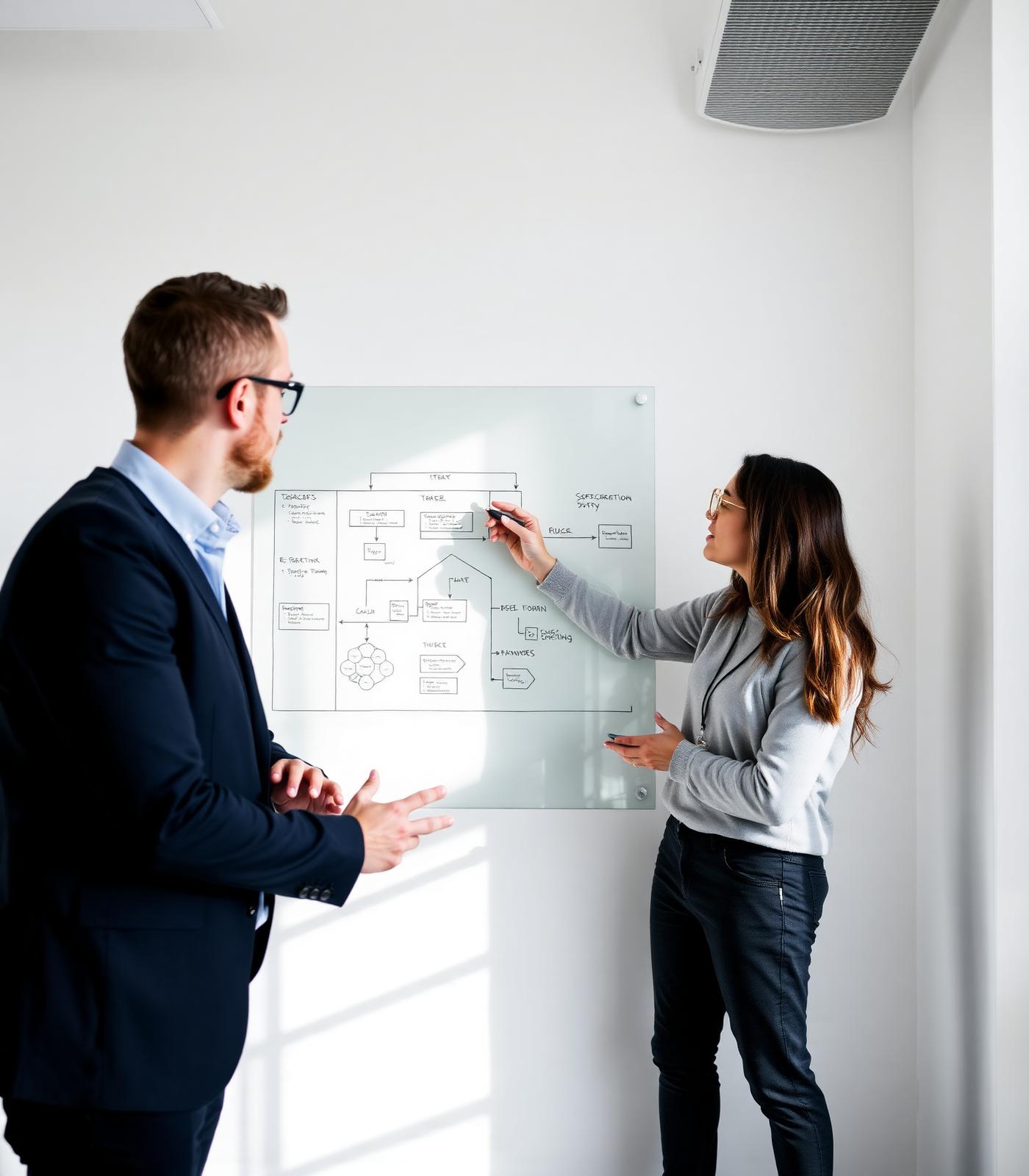 Techtrix engineers planning a system architecture on a glass board