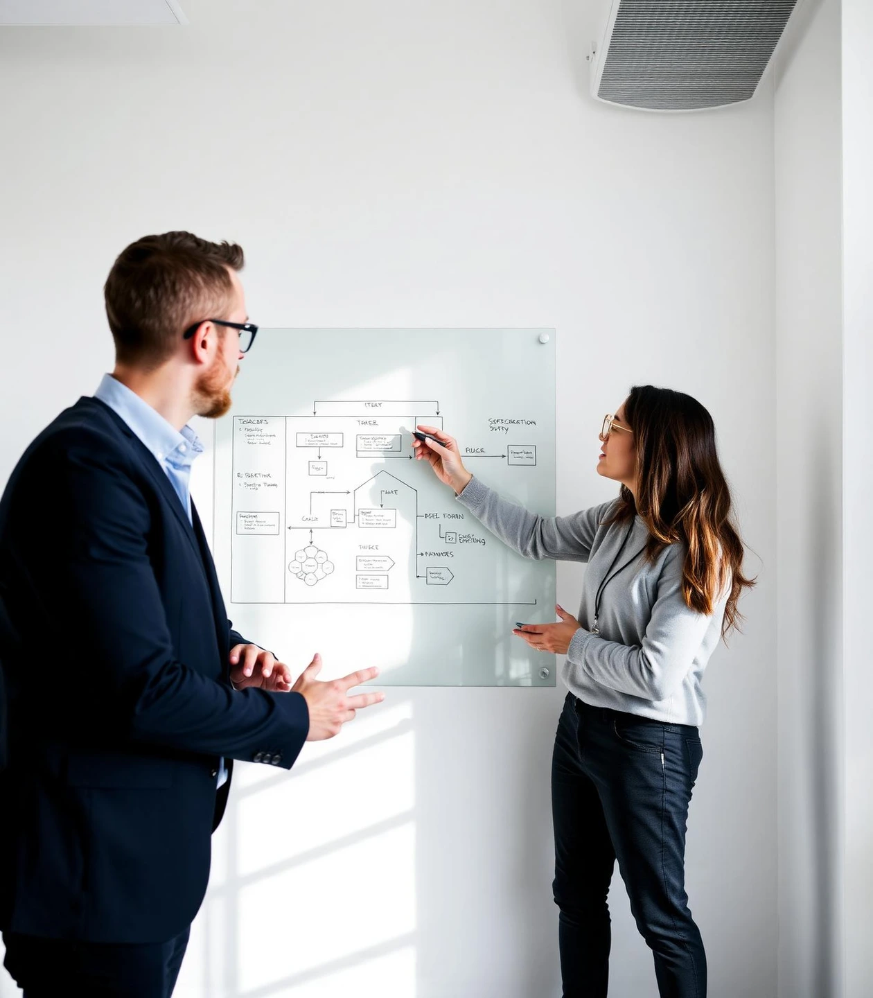 Techtrix engineers planning a system architecture on a glass board